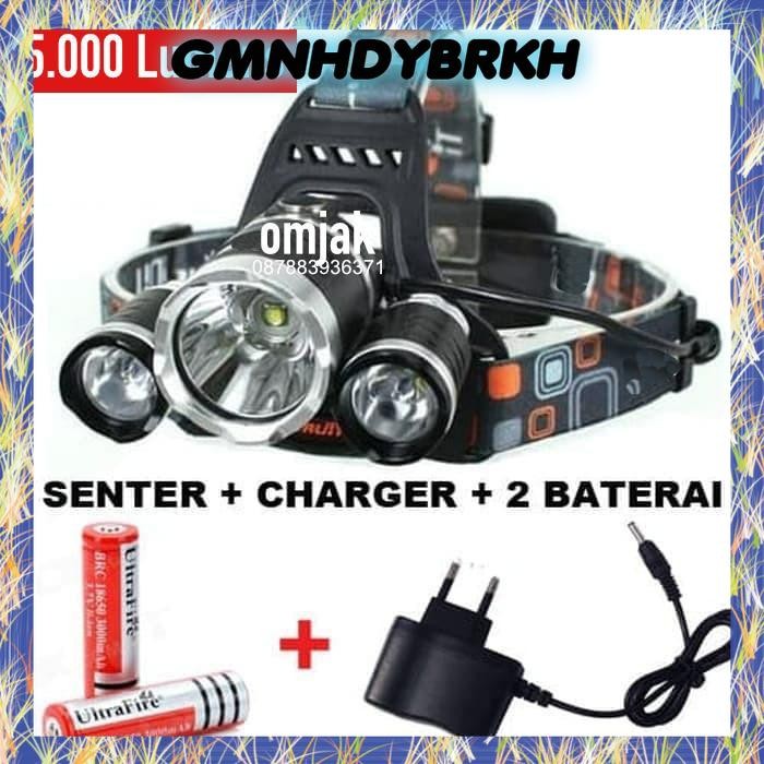 Paket Senter Kepala Headlamp 3 LED Cre XML-T6 5000 Lumens Camping - 5000 lumens