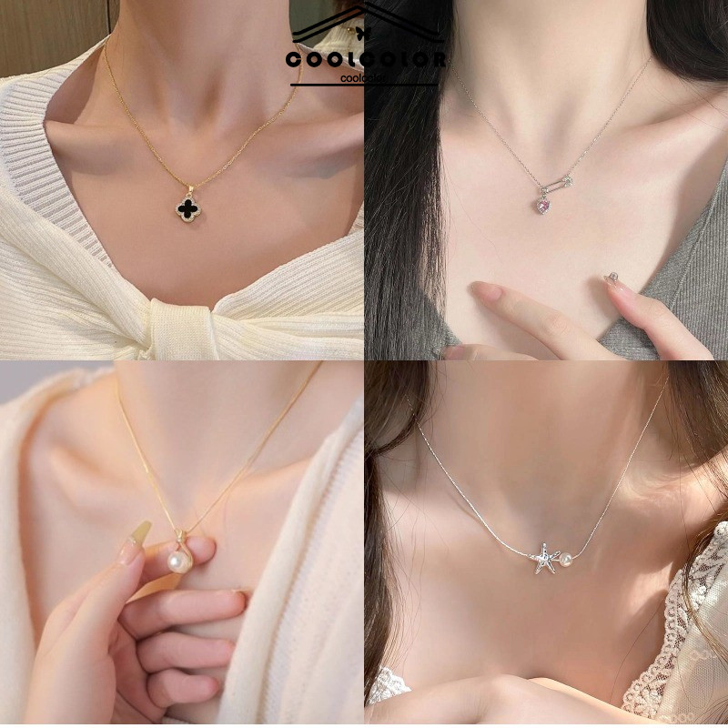 COD Kalung Four-leaf Clover Lapis Kalung Safety Pin Wanita Kalung Bintang Kalung Pearl Anti Karat ka
