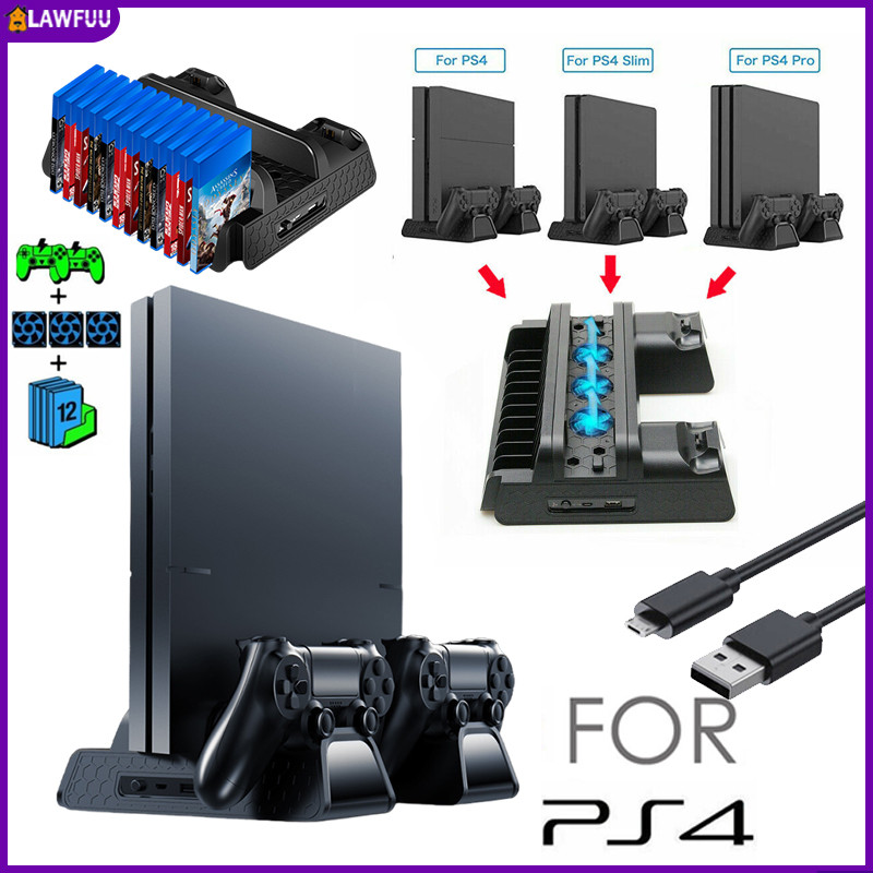 Docking Station PS4 Vertikal + Kipas Pendingin & Charger / Stand Multifungsi untuk PS4 Fat / Slim / 