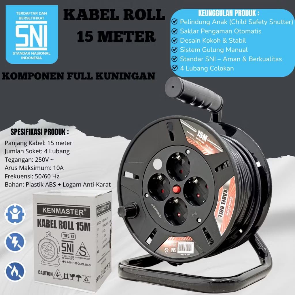 REGULATOR SHOP KABEL ROLL KENMASTER 15 Meter 4 LUBANG SNI/ KABEL GULUNGAN 15 M TERMINAL KUNINGAN/ Ka
