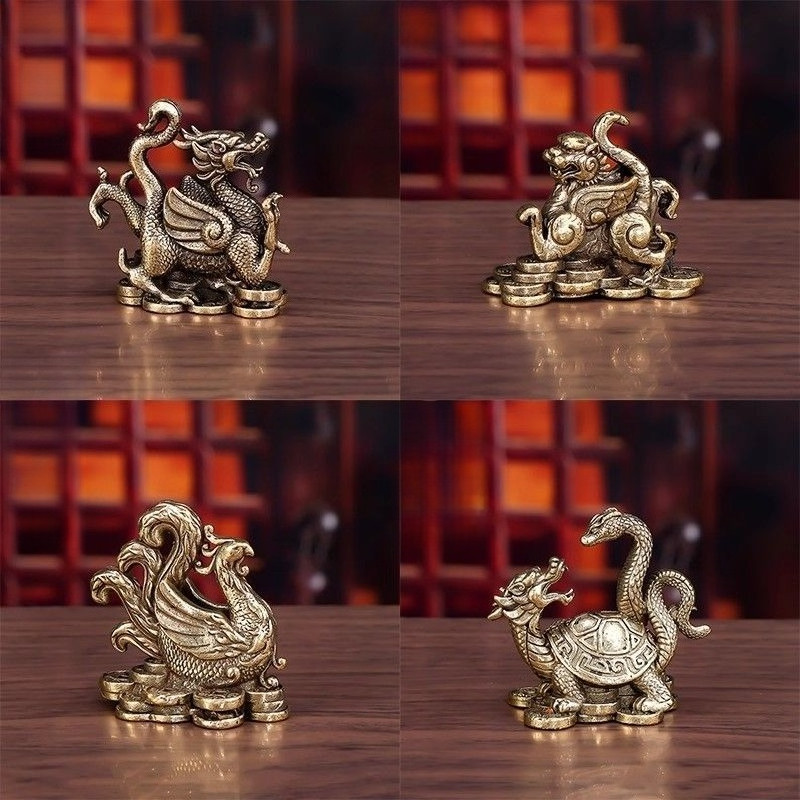 Tembaga murni empat ornamen binatang besar Qinglong White Tiger Suzaku Xuanwu dekorasi rumah desktop