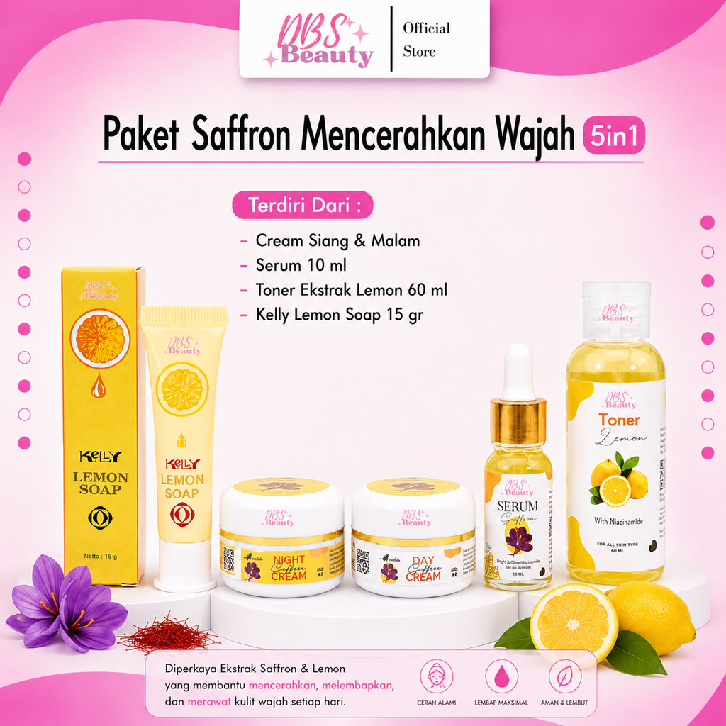 Paket Saffron Cream Siang Malam + Serum saffron + Toner Ekstrak Lemon + Kelly Lemon Soap 15gr
