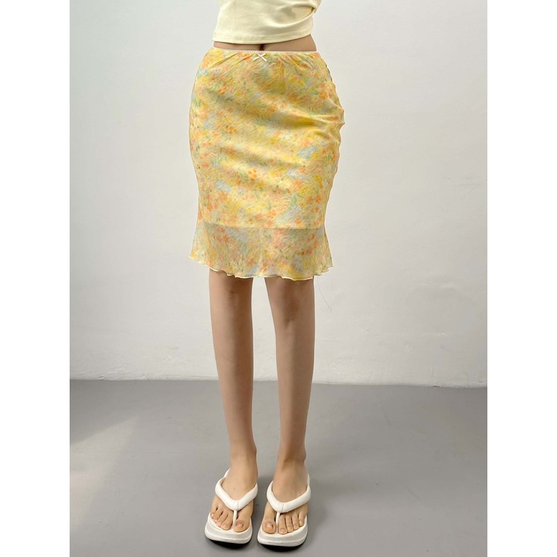 ChubChic COD Rok Midi Wanita Motif Bunga Kuning Pastel Low Waist Bodycon Vacation Style Rok Floral K