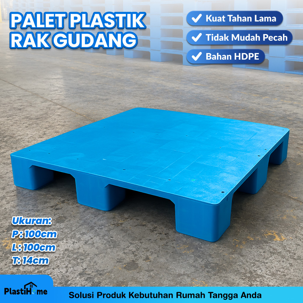 PlastiHome Palet Plastik Flat 9 Kaki HDPE – Pallet Gudang Tebal Kuat untuk Forklift & Warehouse