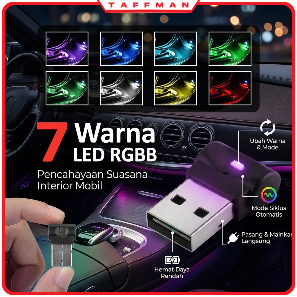 TM - Lampu LED RGB Mini USB Mobil Car Interior Light 7 Color - IS504