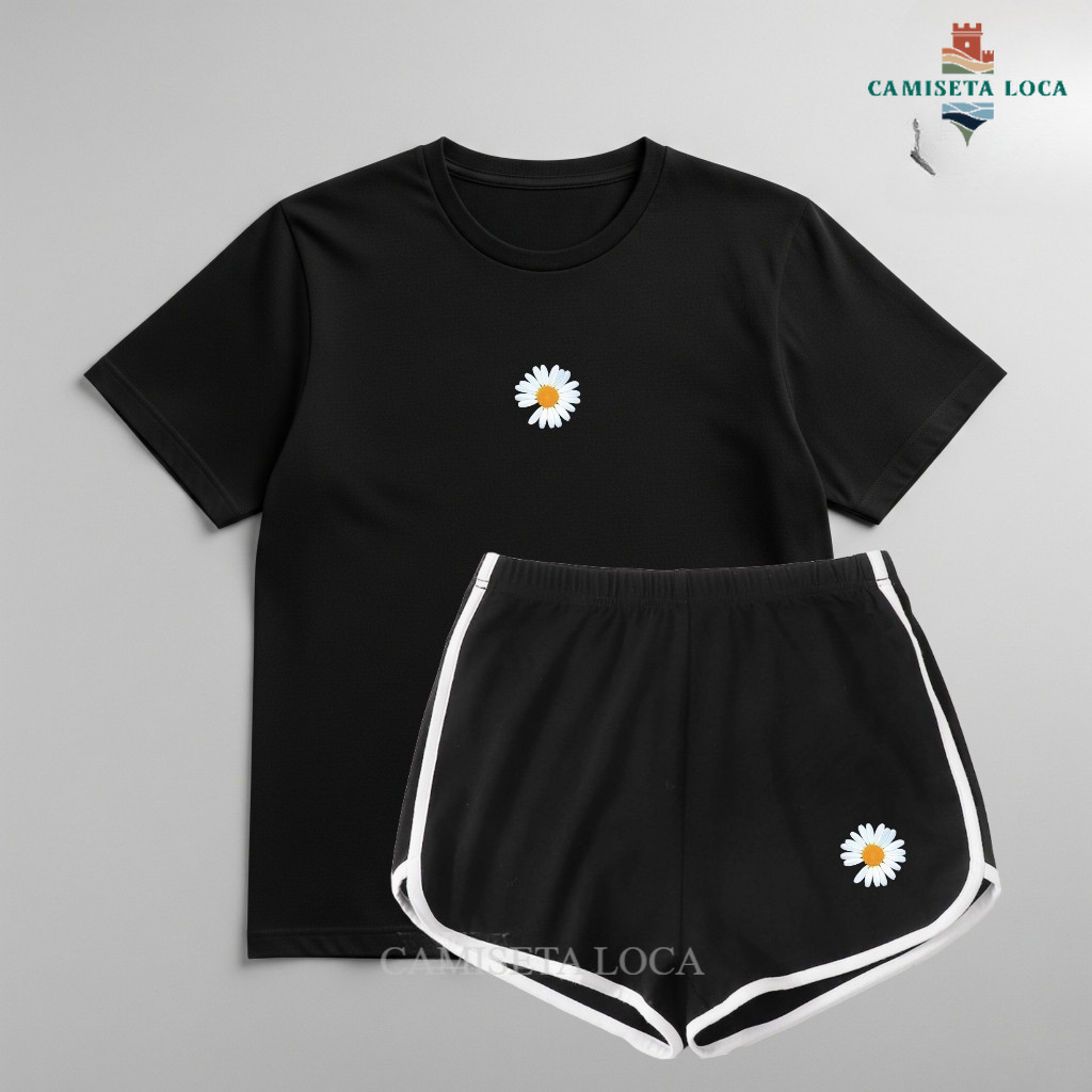 Setelan Kaos Bunga Daisy Wanita Korean Style Atasan Oversize Baju Cewek Remaja Celana Pendek Santai
