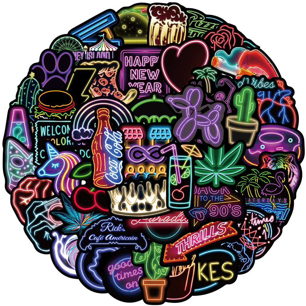 

50PCS Cartoon Neon Light Personalized Graffiti Creative Sticker Suitcase Guitar Desk Computer Mobile Phone Waterproof Decoration