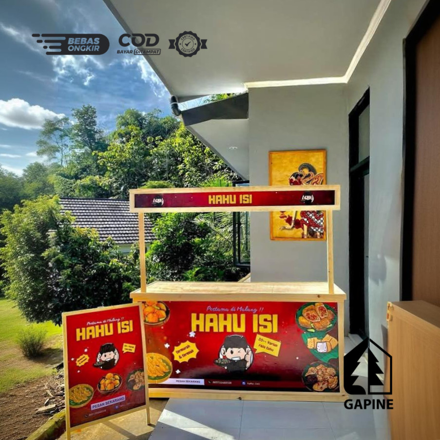 Booth Portable Lipat Kayu Pinus Premium – Meja Usaha Jualan Food & Minuman + FREE Desain Banner Cust