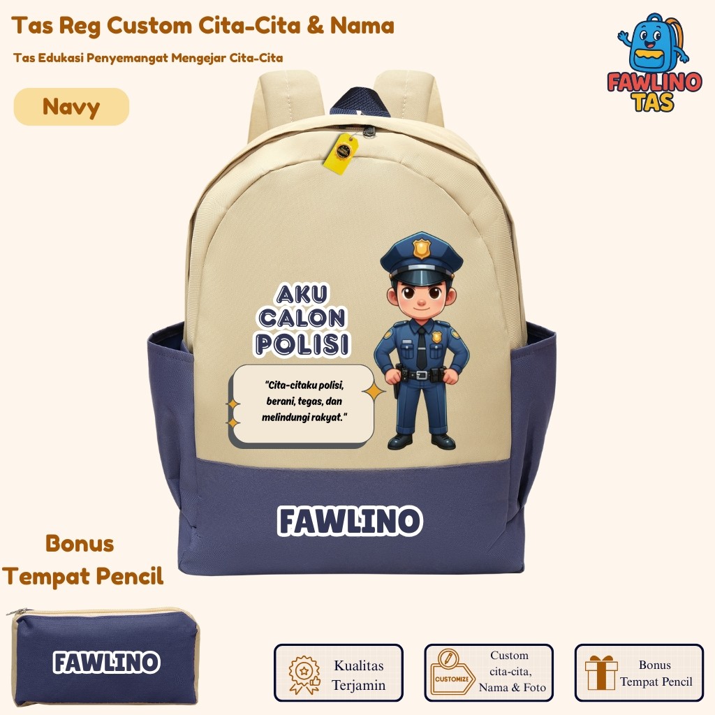 Tas Sekolah Anak Custom Nama Tema Polisi | Ransel TK SD Laki-Laki | Profesi Impian Edukatif Cocok Ha