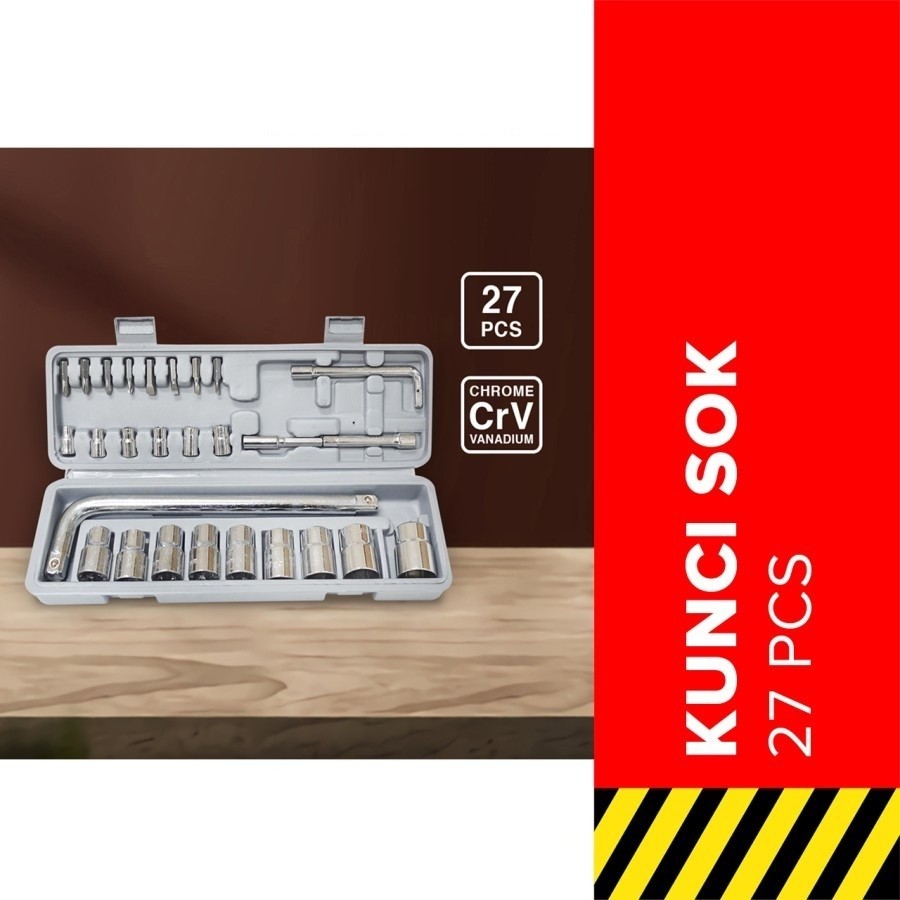 27IN1 Socket L Set 27Pcs | 8-21mm Shok Kit Kunci Shock Set / Sok Set 27 Pcs / Kunci Socket L Handle