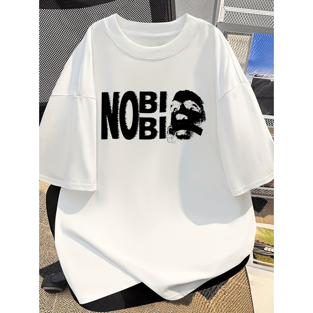 Kaos Lengan Pendek Pria 100% Katun Cetak Grafis NOBI - Putih Santai Leher Bulat Atasan Musim Panas, 