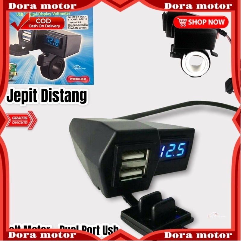Volt Meter Digital + Dual Port Usb Charger Hp Jepit Stang Motor Vixion Megapro Tiger Ninja150 Nmax P