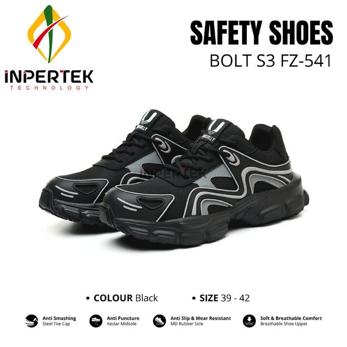 Sepatu Safety BOLT S3 Black Shoes Low Model Pria Wanita Unisex Stylish Sport Sneakers Kerja Proyek I