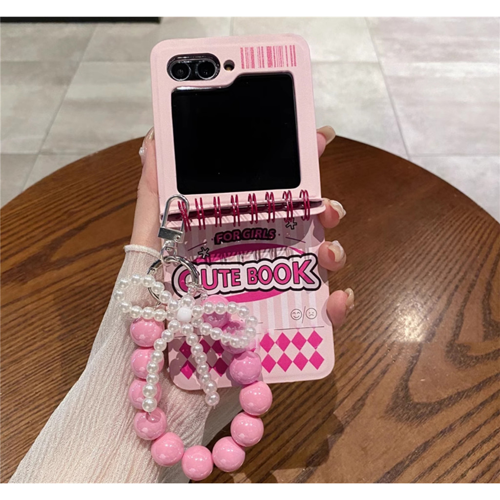 New Korea Niche Cute Stripes Notebook Pink Phone Case dengan Bow Beads Gelang untuk Galaxy Z Flip4 5
