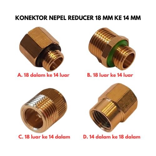 Konektor Nepel Reducer 18mm ke 14mm Male Female Kuningan drat Luar dan Dalam 18 MM ke 14 MM - 18 dal