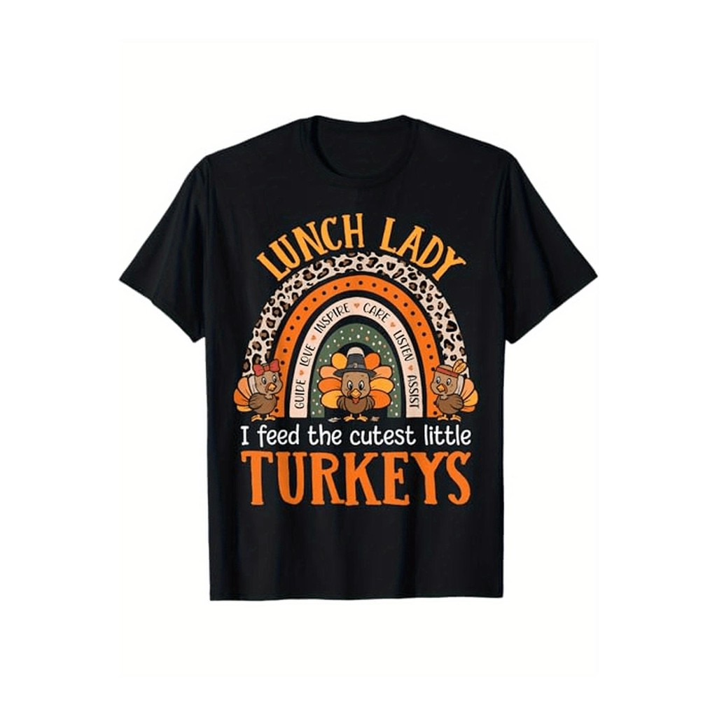 Kaos Wanita Thanksgiving Lucu Ayam Kalkun Kecil, Katun 100%, Hitam