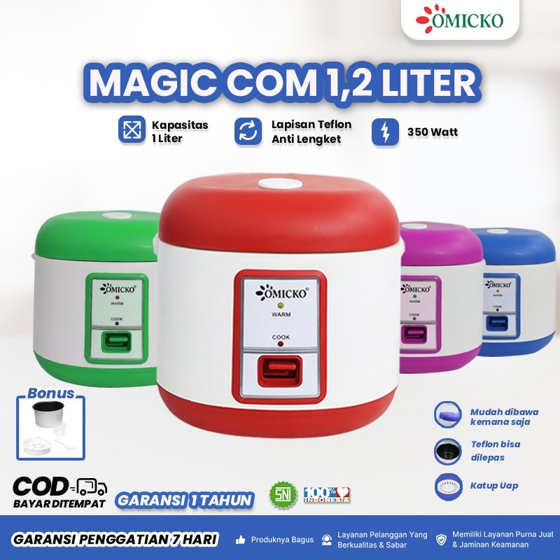 (COD) Omicko Rice Cooker / Magic Com 1 Liter 3 in1 Bonus Gelas Ukur & Sendok Nasi