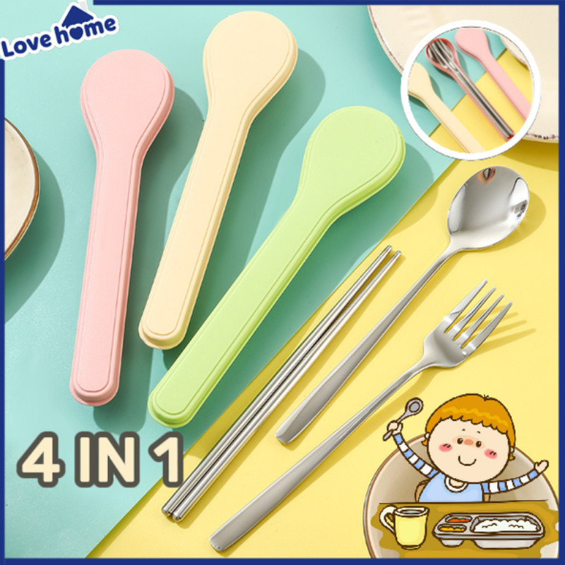 Set Alat Makan Empat-in-satu/Alat Makan Dari Baja Tahan Karat / Garpu Sendok Sumpit Sendok Garpu//Co