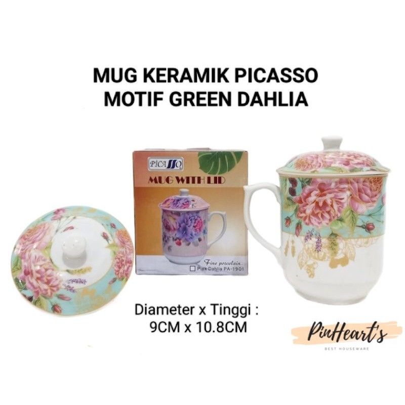 HSO - MUG / GELAS KERAMIK PICASSO + TUTUP MOTIF BUNGA DAHLIA 400ML | MUG TUTUP KERAMIK
