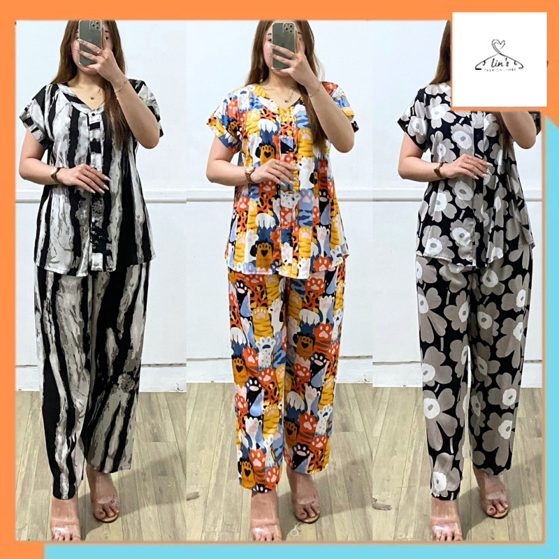 Baju Cewek Korean Style Setelan v-neck rayon celana panjang lengan pendek motif | oneset v-neck rayo
