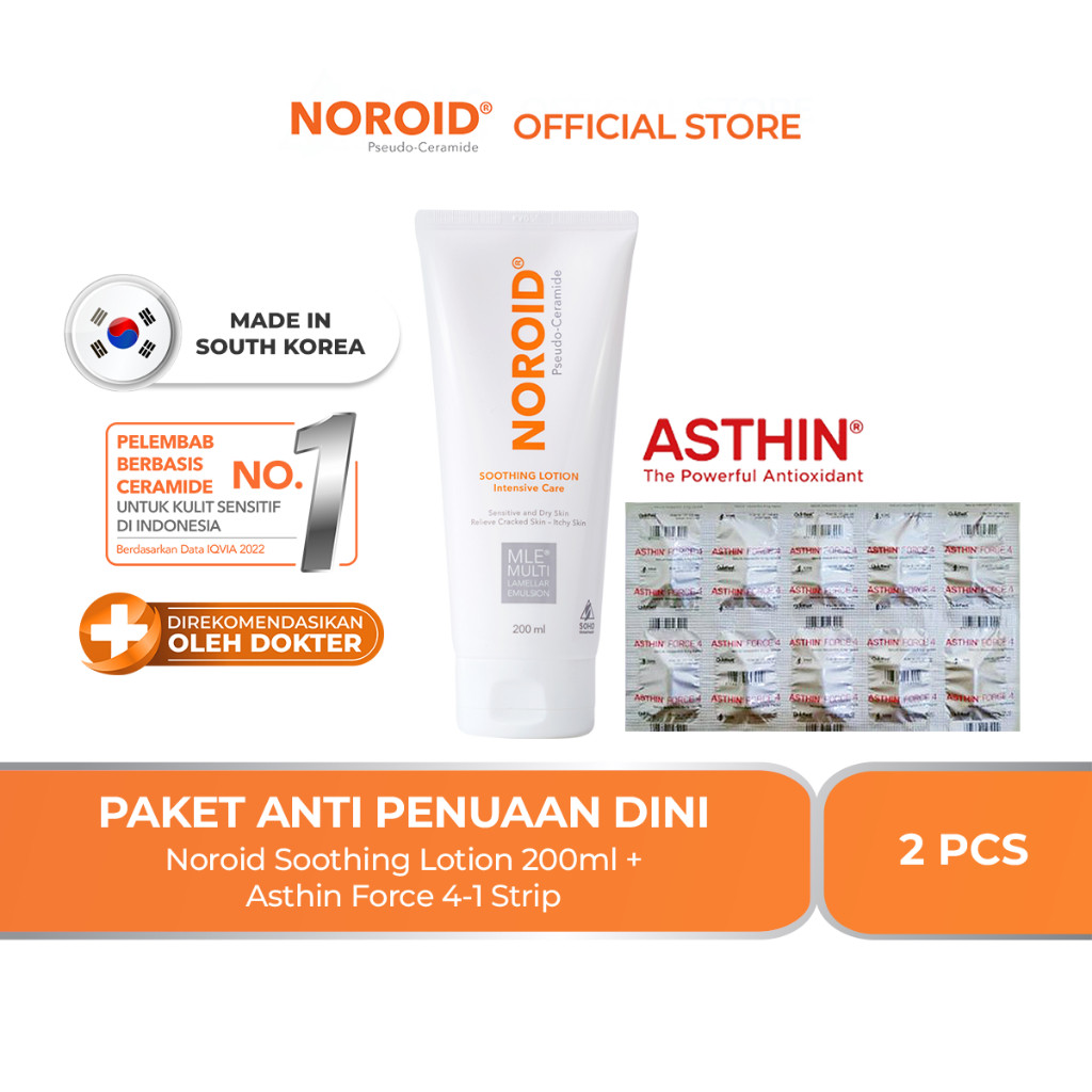 Paket Anti Penuaan Dini (Noroid Soothing Lotion 200ml + Asthin Force 4-1 Strip)