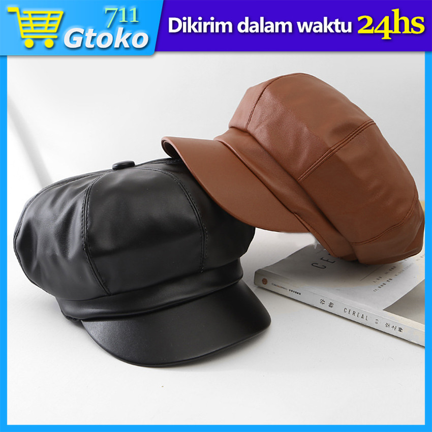Topi Baret Wanita Kekinian Korean Style Newsboy Cap Bahan Kulit Imitasi Polos Baret Hat