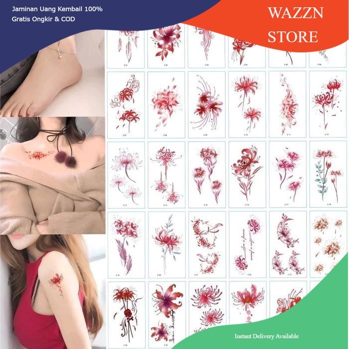 Wazzn- 1set isi 15 gambar tato temporer motif cowo cewe keren - bunga higanbana