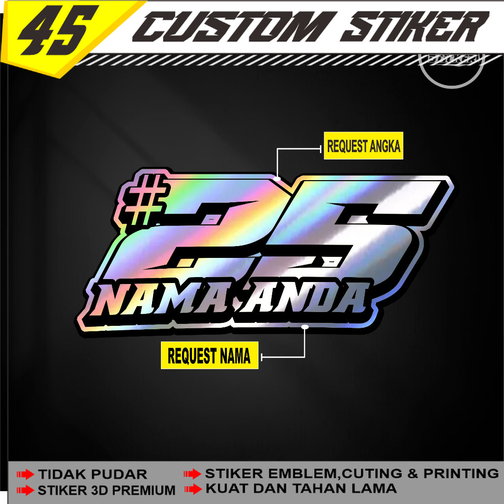 Stiker Reques Nama Dan Nomor Stiker Cutting Hollogram Promo Stiker Motor Mobil Helm Termurah