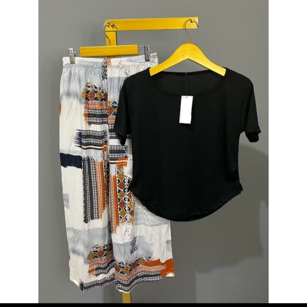 LAPAKSHOP Set Baju Squere Neck Long Sleeve Celana Rayon Kulot Hommy Kekinian