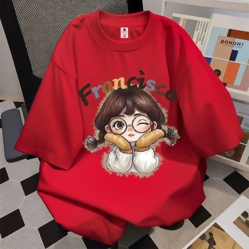 Korean_Outfit Kaus lengan pendek motif gadis kecil lucu retro Korea musim panas atasan kasual baru A