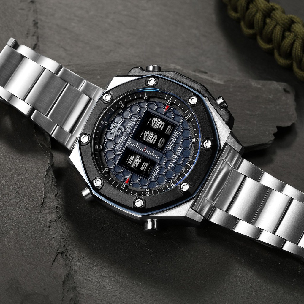 Jam Tangan Evans Jayden Jam Tangan Pria 9576 Rantai Stainless Steel Chronograph Kaca Sapphire Water