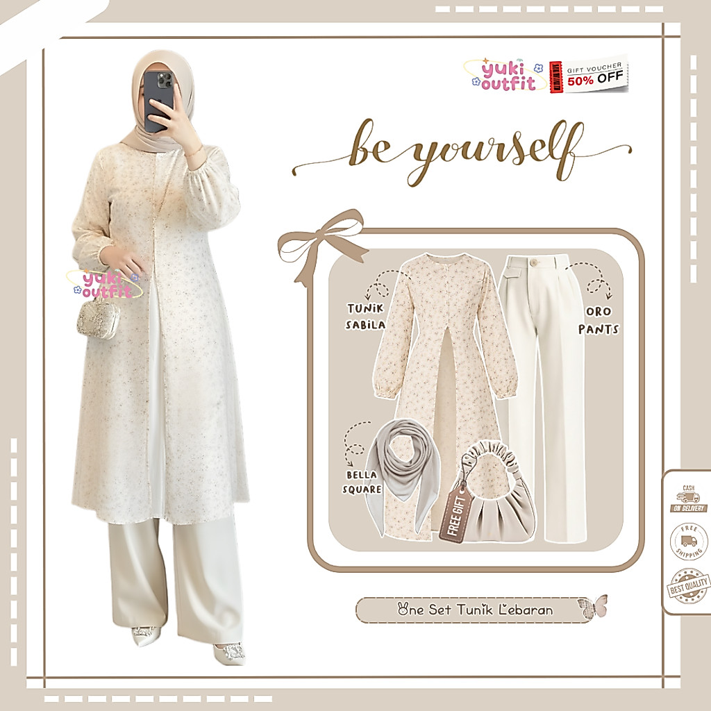 One Set Wanita Outfit Tunik Kekinian (Jilbab + Tunik Sabila + Oro Pants) Hijab Outfit Remaja - N137
