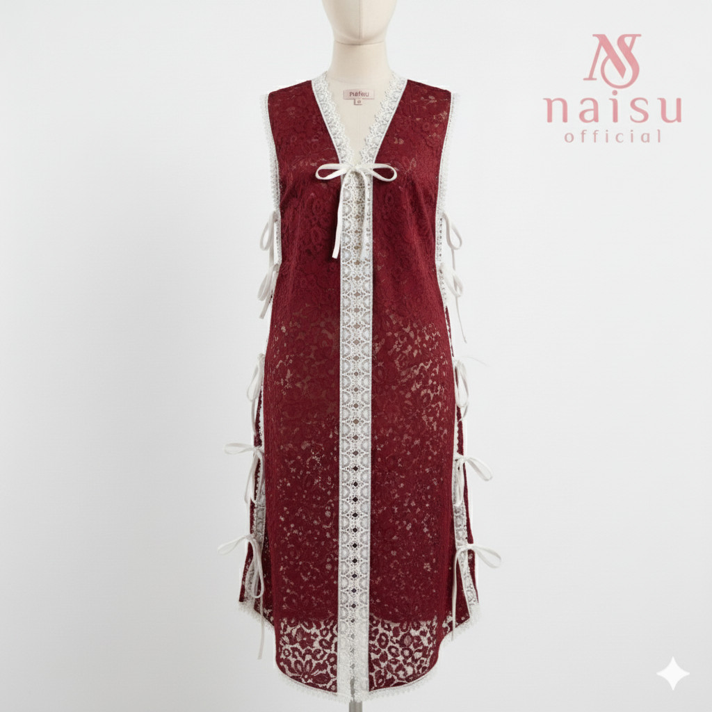 Long vest wanita brukat outer renda putih NF226