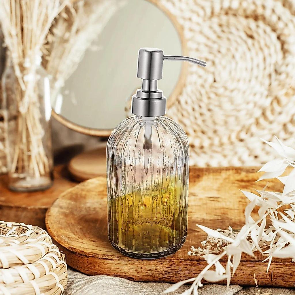 Transparent Soap spenser Glass Bottle with Stainless Steel Pump Refillable Bathroom Hand Soap Lotion