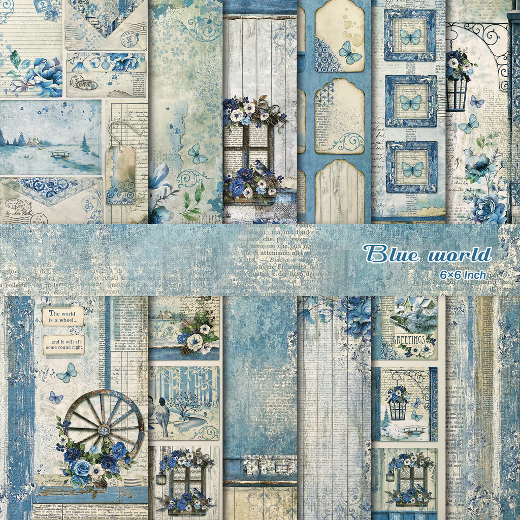 

12 Sheets Vintage Blue Background Scrapbook Paper For Junk Journal Gift Wrapping Card Making Y Craft Collage Paper