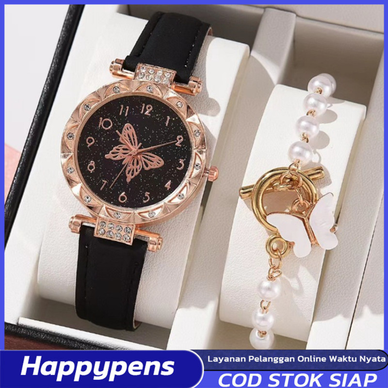 2 Pcs Jam Tangan Wanita Kuarsa Analog Berlian Berlian Dial Kupu-Kupu Tali Kulit Jam Tangan Temperame