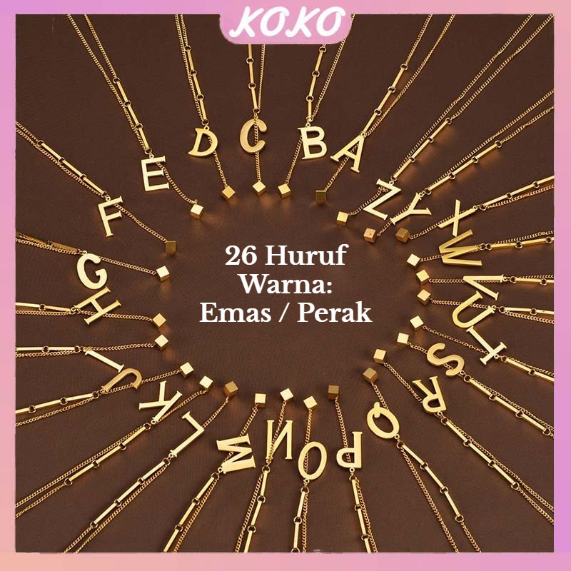 [Warna Emas/perak]26 Huruf Kalung Wanita Motif Alphabet Bahan Titanium Seri A-Z Gold Anti Karat Kore