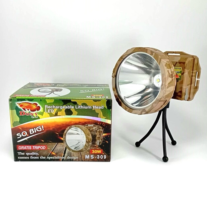 DONY Senter Kepala Led Cas MS 309 Original Jumbo So Big Bonus Tripod Cahaya Terang Putih Kuning 30w 
