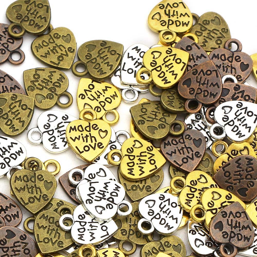 

50Pcs Made Wth Love Labels Sliver Bronze Heart Metal Tags 10*12MM Handmade Labels For Sewing Accessoreis Embellishment Hair Ties