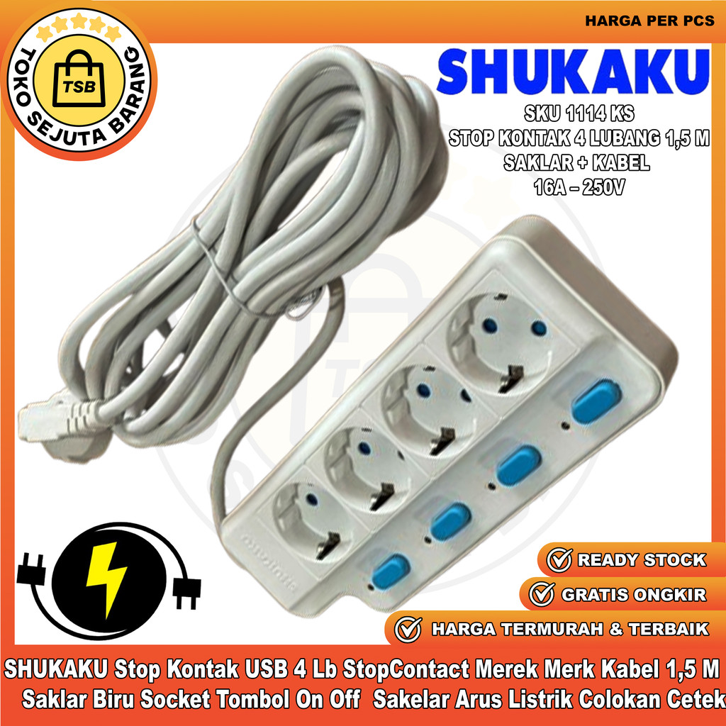 SHUKAKU Setop Contak 1,5 Meter M Arde Steker Seteker Standar SNI StopContact Stop Kontak USB 4 Luban