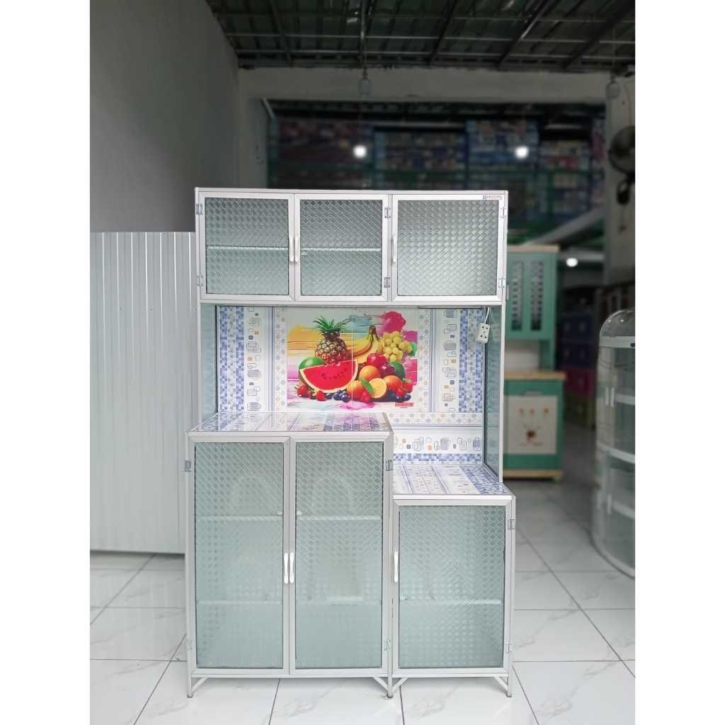 Rak Piring Kaca 3P Megicom - Lemari Piring Almunium Keramik Kaca / Rak Piring 3 Pintu / Rak Piring R