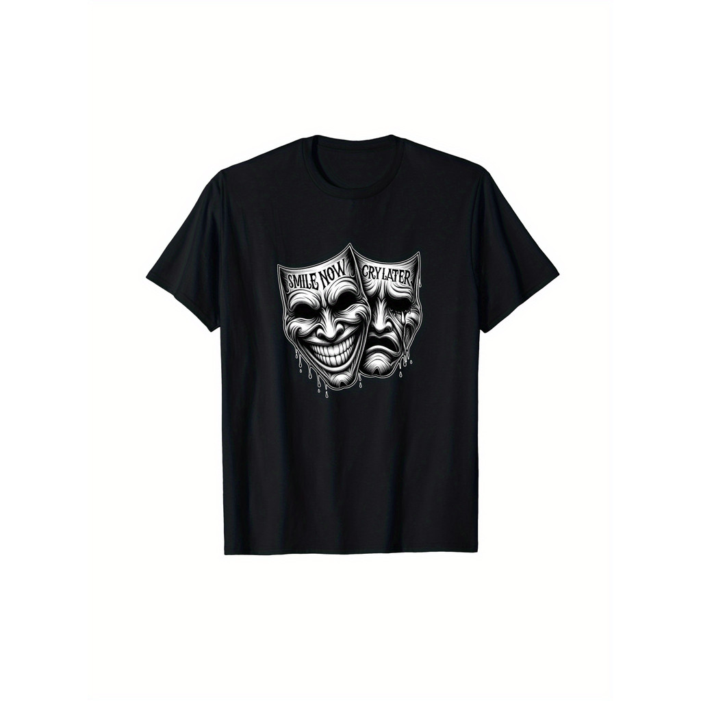 Kaos Pria "Smile Now Cry Later" Topeng Drama Katun Hitam Lengan Pendek S-XXXL