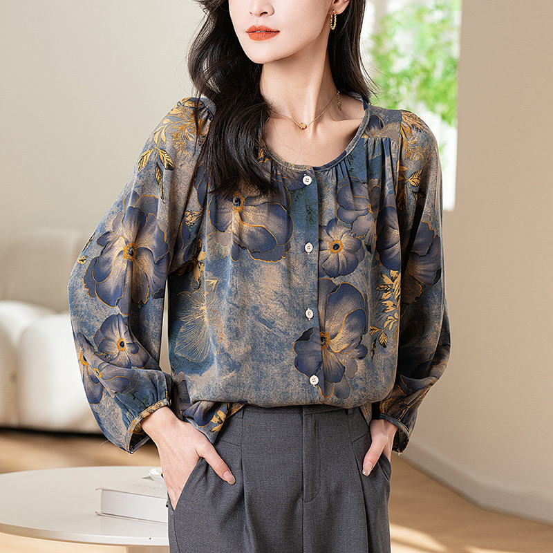 New Fashion Thailand Blus Wanita Kasual Lengan Panjang Leher Bulat Longgar Sifon