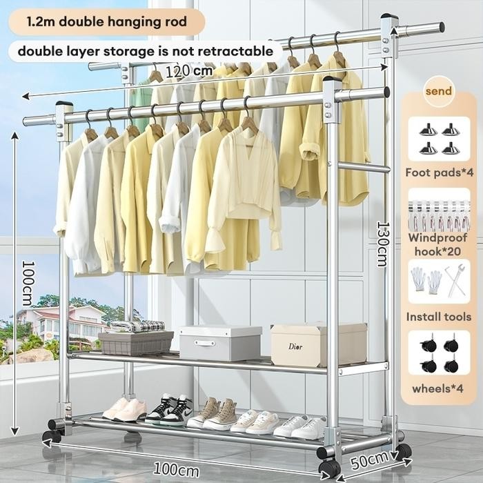 Rak Gantungan Baju Berdiri Stainless Steel Tebal Jemuran Baju Stainless Jemuran Baju Dobel Pool Roda