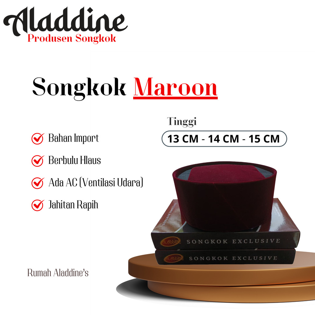 Songkok Merah MARON ,Peci Merah MAROON AC Tinggi 13cm 14cm 15cm