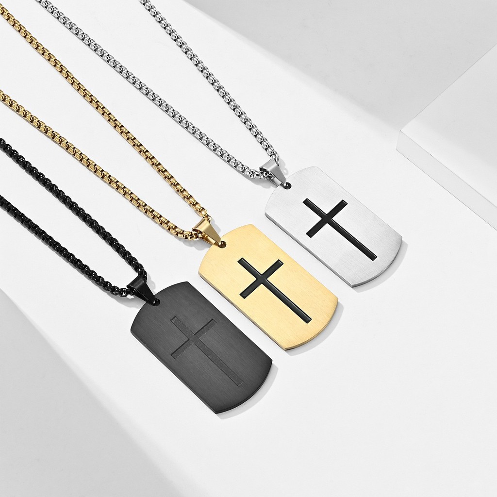 Stainless Steel Army Kalung Salib Liontin Tag Anjing Hip Hop Pria