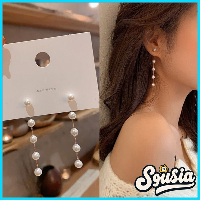 Anting mutiara temperamen merah jaring modis, anting rumbai rantai panjang