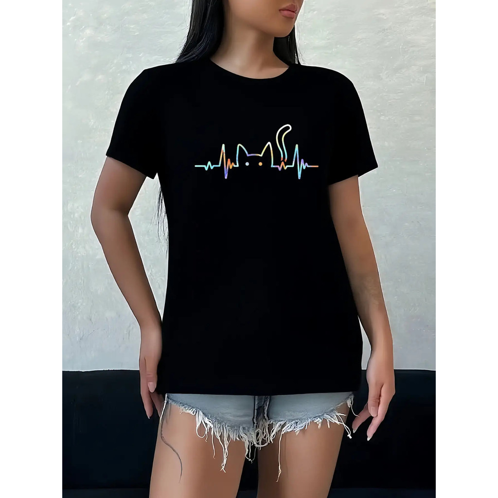 Kaos Wanita Cetakan Detak Jantung Bentuk Kucing - Atasan Lengan Pendek Leher Bulat Lembut dengan Iko