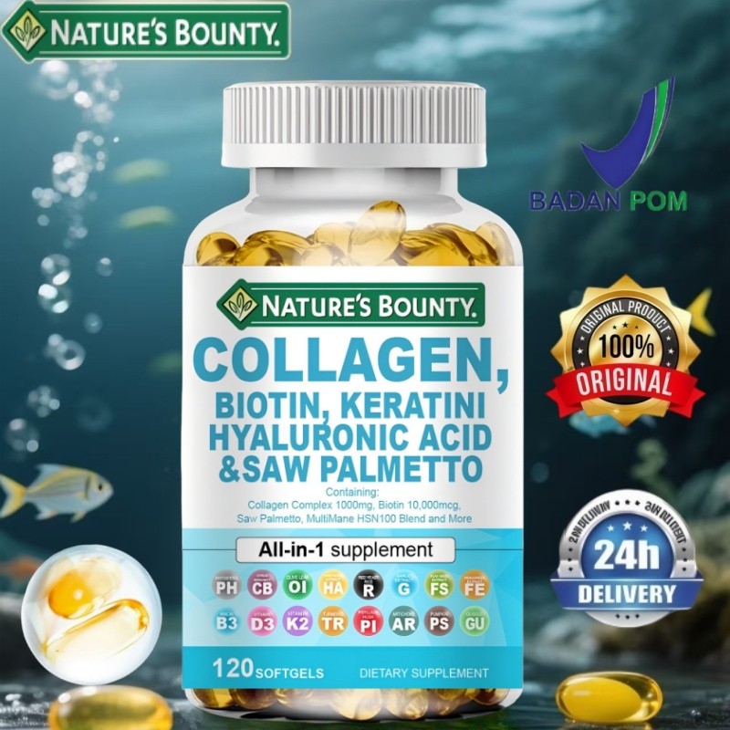Nature's BOUNTY 120 Kapsul Kolagen 1000mg Biotin 10000mcg Keratin Saw Palmetto 2500mg Asam Hialurona