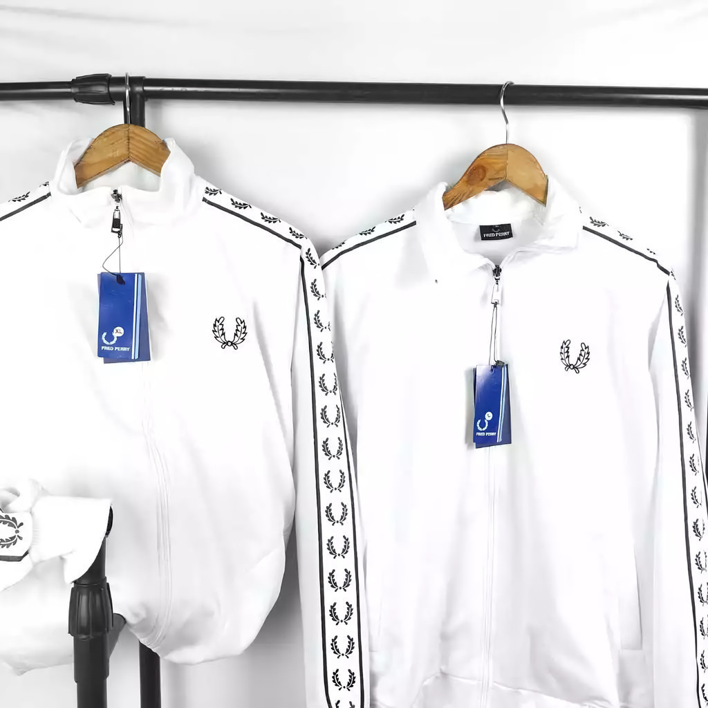Jaket Tracktop Casual Pria FredPerry Premium White Colour/Jaket Pria Import Model Tapped Full Tag